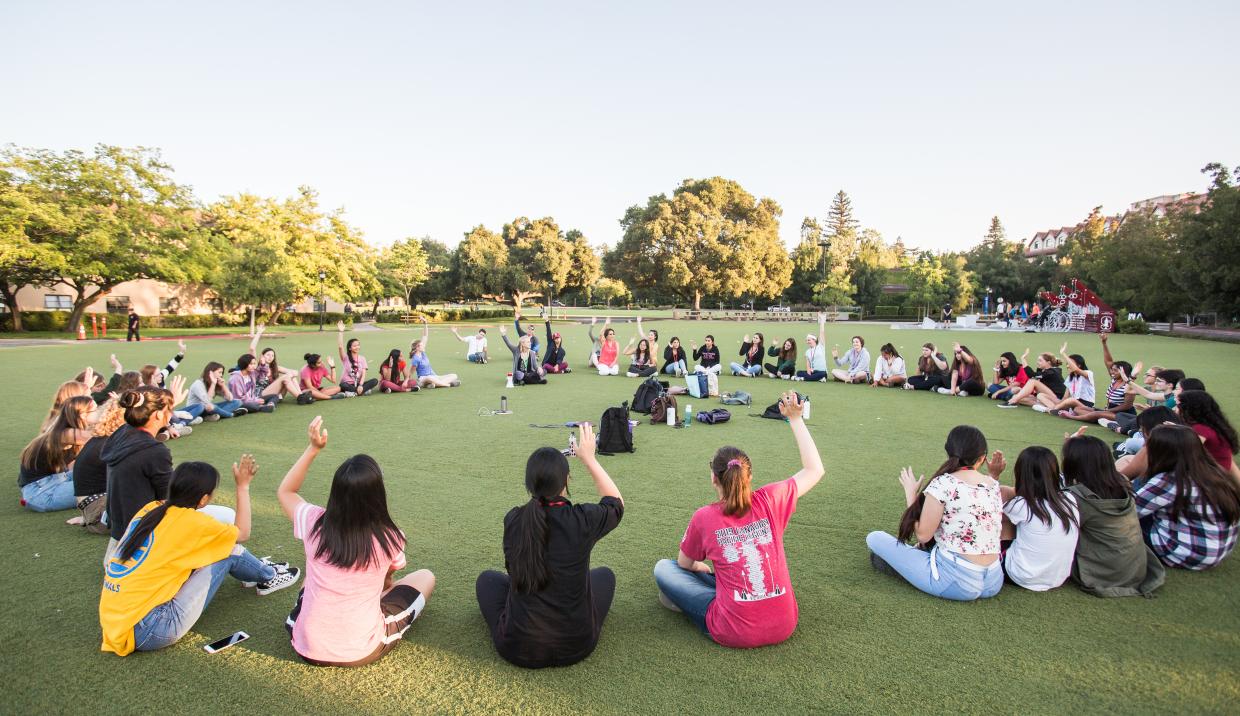SAGE campers participate in a leadership activity at Stanford University. The free, week-long camp teaches high school students about careers in STEM. 